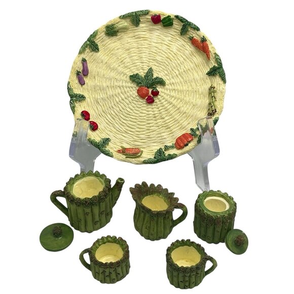 Vtg 90s Miniature Resin Asparagus Tea Set w/ Plate Mini Garden Cottage Dollhouse - Picture 4 of 12